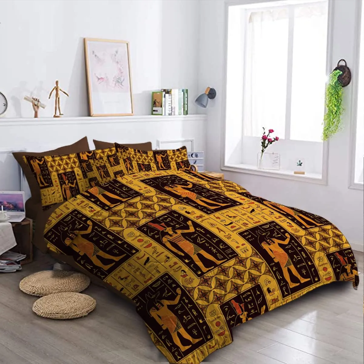 BlessLiving Ancient Bed in A Bag Egyptian God Hieroglyph Bedding Sets King with Comforter 8 Piece Black and Gold - 1 Comforter, 2 Shams, 1 Flat Sheet, 1 Fitted Sheet, 2 Pillowcase, 1 Cushion Cover