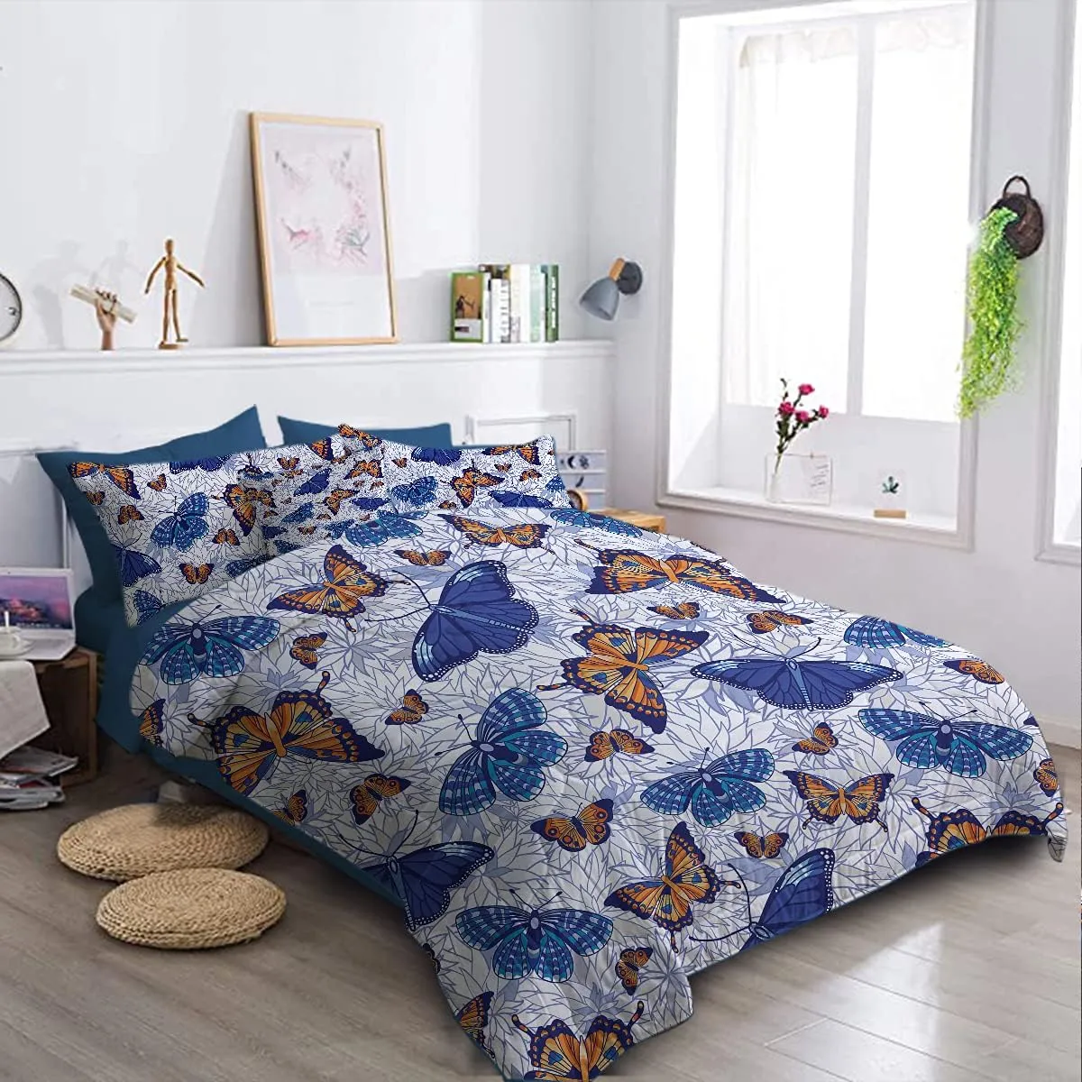 BlessLiving Blue Butterfly Comforter Set Bed in A Bag Monarch Butterflies Vintage Print Bedding King 8 Pcs - 1 Comforter, 2 Pillow Shams, 1 Flat Sheet, 1 Fitted Sheet, 1 Cushion Cover, 2 Pillowcases