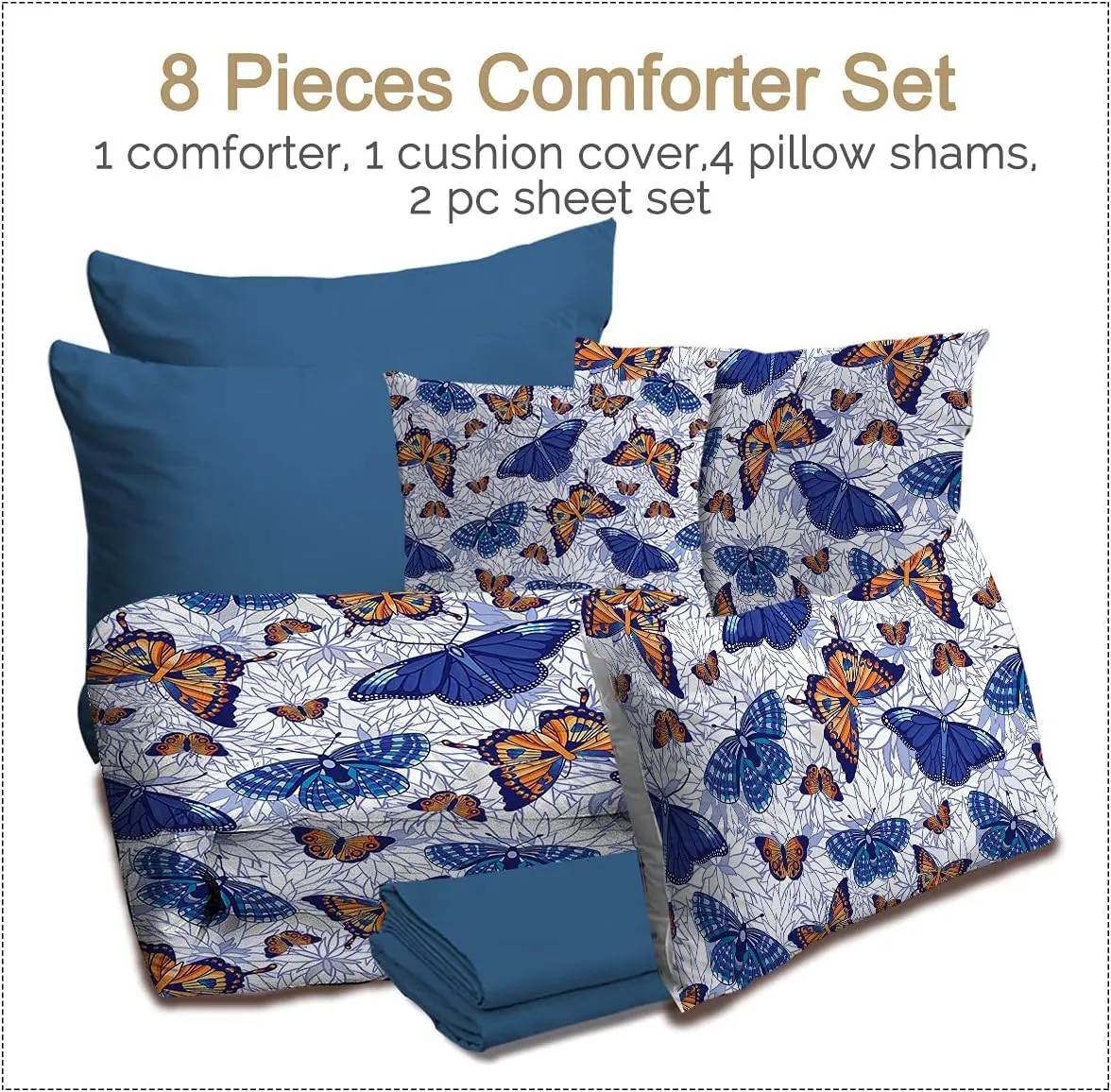 BlessLiving Blue Butterfly Comforter Set Bed in A Bag Monarch Butterflies Vintage Print Bedding King 8 Pcs - 1 Comforter, 2 Pillow Shams, 1 Flat Sheet, 1 Fitted Sheet, 1 Cushion Cover, 2 Pillowcases