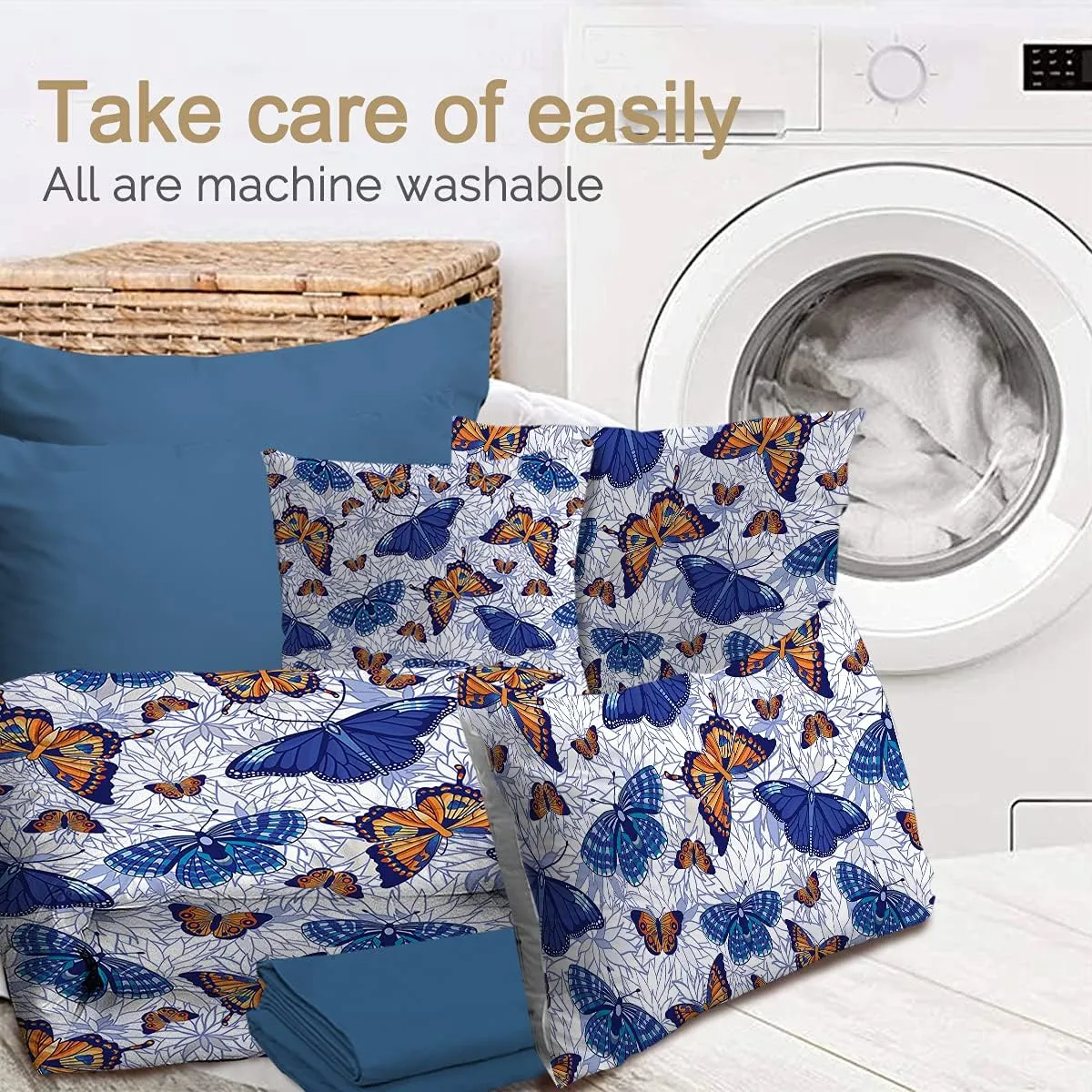BlessLiving Blue Butterfly Comforter Set Bed in A Bag Monarch Butterflies Vintage Print Bedding King 8 Pcs - 1 Comforter, 2 Pillow Shams, 1 Flat Sheet, 1 Fitted Sheet, 1 Cushion Cover, 2 Pillowcases