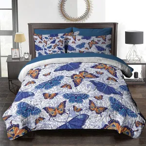 BlessLiving Blue Butterfly Comforter Set Bed in A Bag Monarch Butterflies Vintage Print Bedding King 8 Pcs - 1 Comforter, 2 Pillow Shams, 1 Flat Sheet, 1 Fitted Sheet, 1 Cushion Cover, 2 Pillowcases