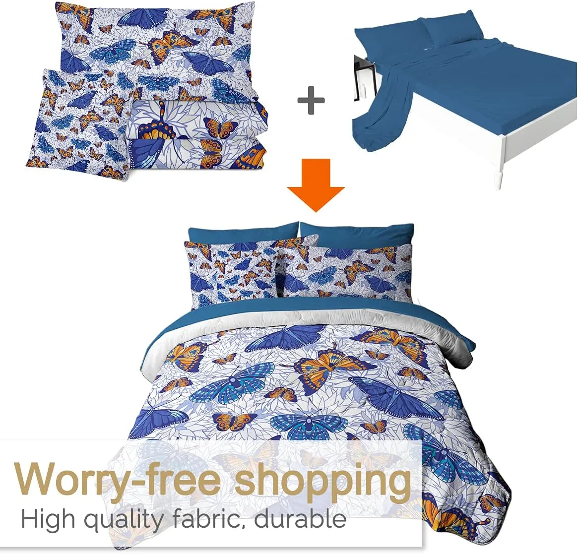 BlessLiving Blue Butterfly Comforter Set Bed in A Bag Monarch Butterflies Vintage Print Bedding King 8 Pcs - 1 Comforter, 2 Pillow Shams, 1 Flat Sheet, 1 Fitted Sheet, 1 Cushion Cover, 2 Pillowcases