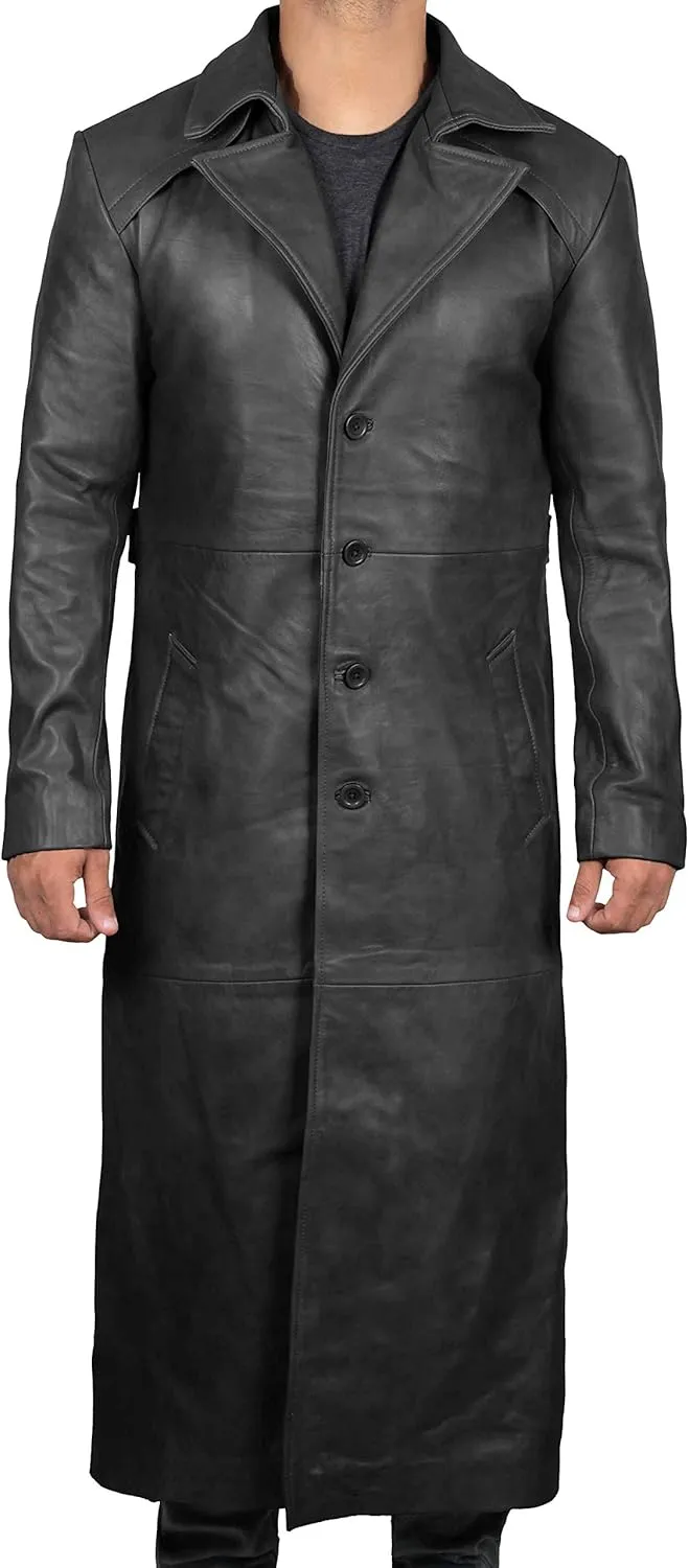 Blingsoul Leather Trench Coat Men - Black Real Leather Long Overcoat for Mens