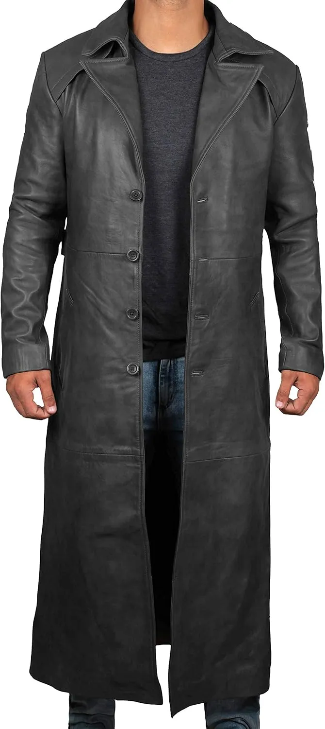Blingsoul Leather Trench Coat Men - Black Real Leather Long Overcoat for Mens