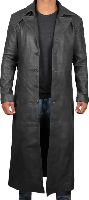 Blingsoul Leather Trench Coat Men - Black Real Leather Long Overcoat for Mens