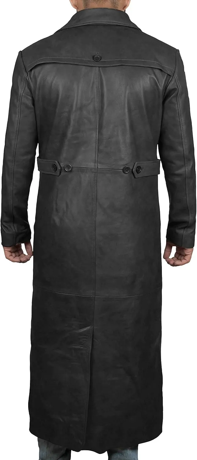 Blingsoul Leather Trench Coat Men - Black Real Leather Long Overcoat for Mens