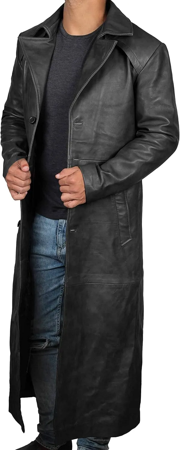 Blingsoul Leather Trench Coat Men - Black Real Leather Long Overcoat for Mens