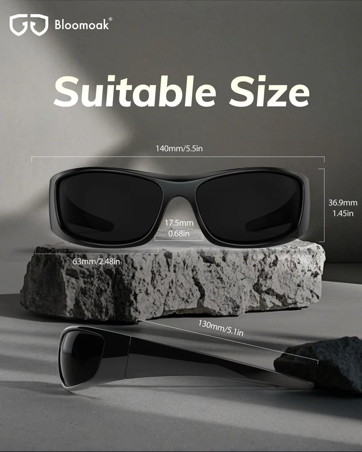 Bloomoak Super Dark Lens Black Polarized Sunglasses | Wrap Around Sport Sunglasses Unisex | UV400 | CAT 4 | For Photophobia