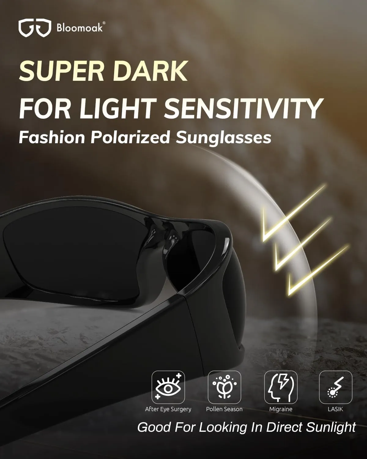 Bloomoak Super Dark Lens Black Polarized Sunglasses | Wrap Around Sport Sunglasses Unisex | UV400 | CAT 4 | For Photophobia
