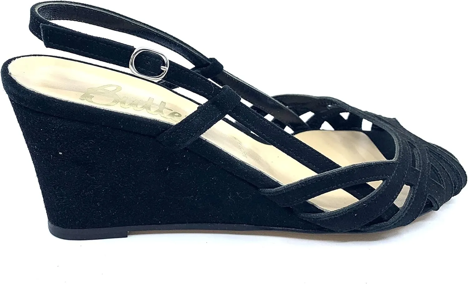 Butter Pirro Black Suede Wedge Sandals I-1-112967-Black-7-M, 7 Medium, Black