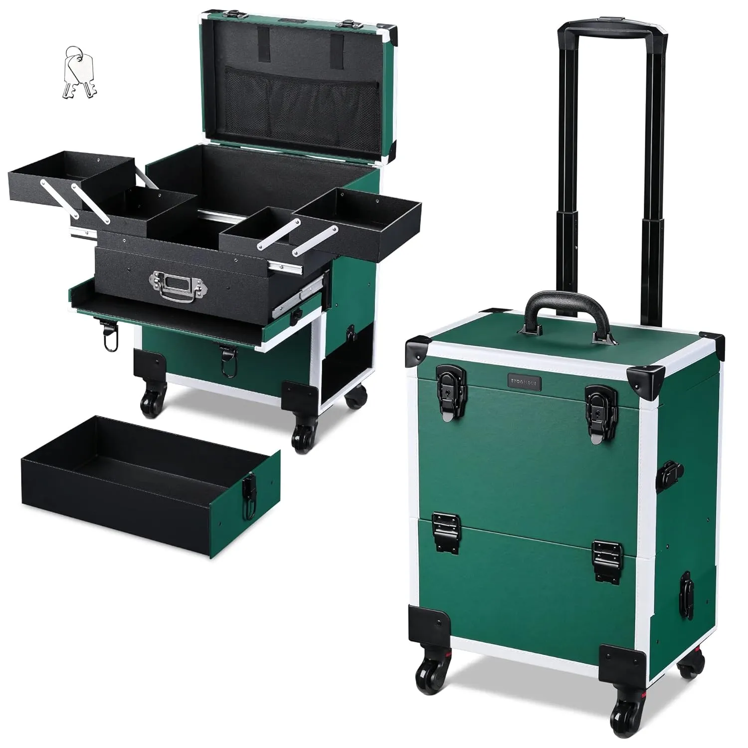 BYOOTIQUE Rolling Makeup Train Case Cosmetic Organizer Trolley Barber Case Travel Cart Trunk Lockable 4-Tiers Tray Storage with Sliding DrBYOOTIQUEer for Makeup Artist Salon Cosmetology Nail Tech