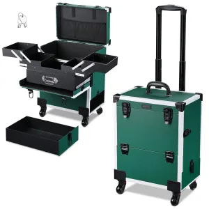 BYOOTIQUE Rolling Makeup Train Case Cosmetic Organizer Trolley Barber Case Travel Cart Trunk Lockable 4-Tiers Tray Storage with Sliding DrBYOOTIQUEer for Makeup Artist Salon Cosmetology Nail Tech