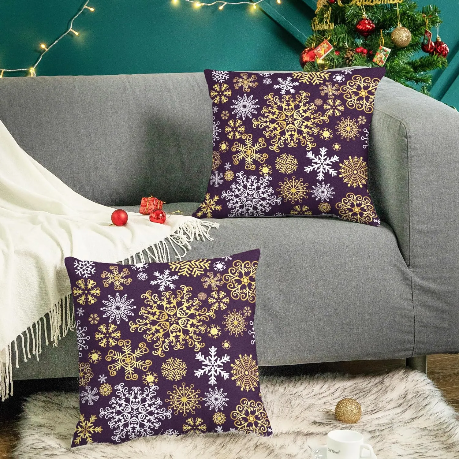 CaliTime Pack of 2 Christmas Cozy Fleece Snowflakes Both Sides Throw Pillow Cases Cushion Covers for Couch Bed Sofa 20 X 20 Inches Deep Purple
