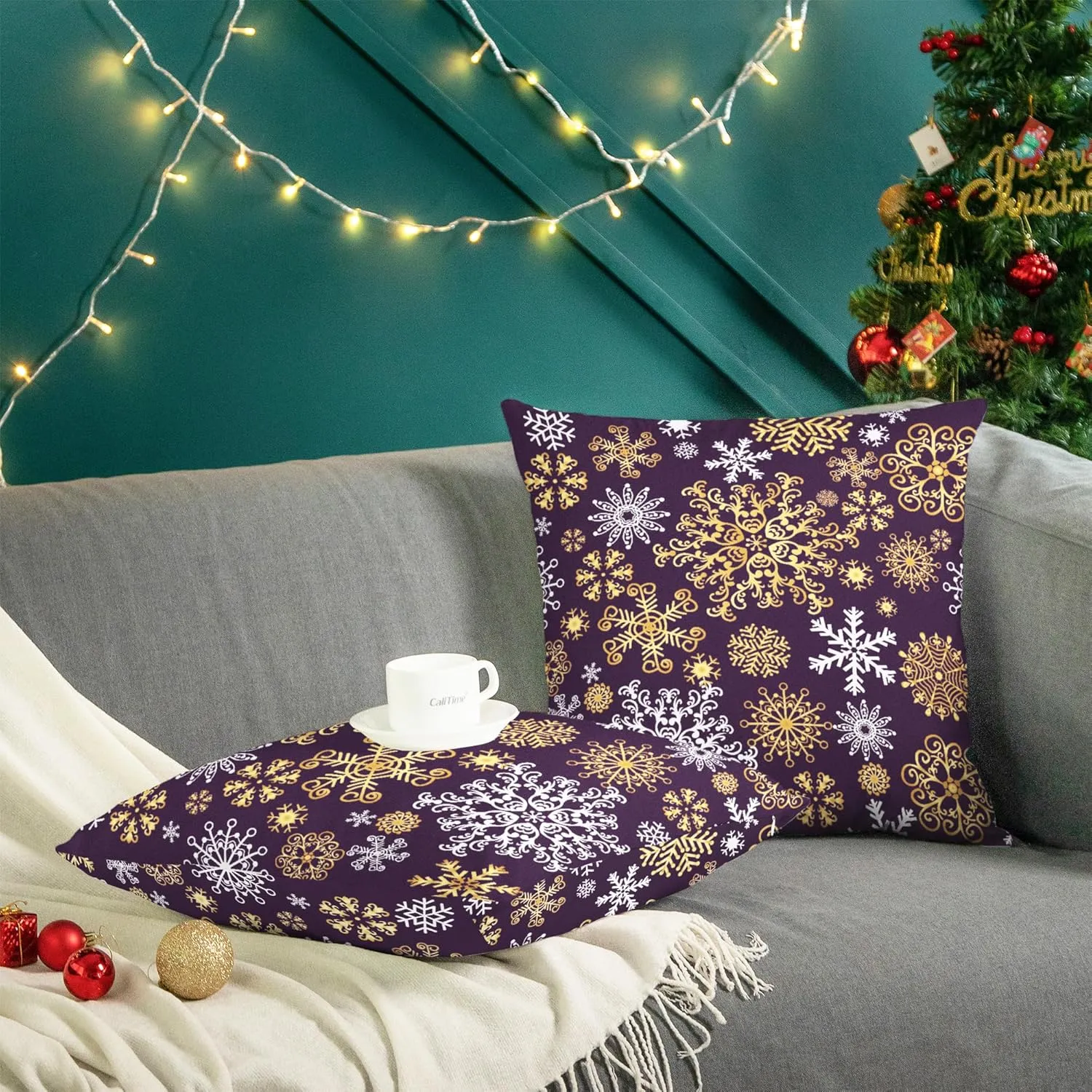 CaliTime Pack of 2 Christmas Cozy Fleece Snowflakes Both Sides Throw Pillow Cases Cushion Covers for Couch Bed Sofa 20 X 20 Inches Deep Purple