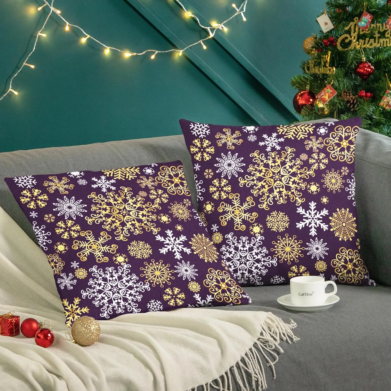 CaliTime Pack of 2 Christmas Cozy Fleece Snowflakes Both Sides Throw Pillow Cases Cushion Covers for Couch Bed Sofa 20 X 20 Inches Deep Purple