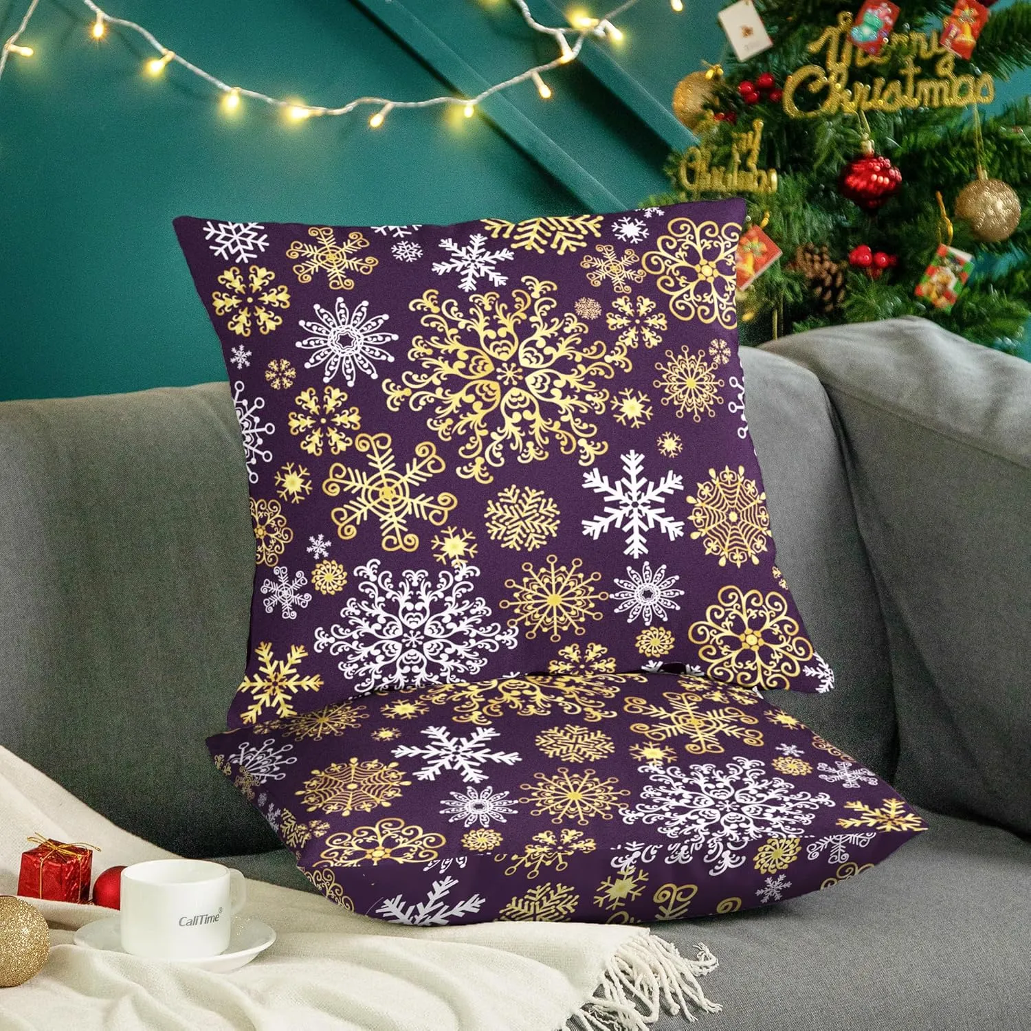 CaliTime Pack of 2 Christmas Cozy Fleece Snowflakes Both Sides Throw Pillow Cases Cushion Covers for Couch Bed Sofa 20 X 20 Inches Deep Purple