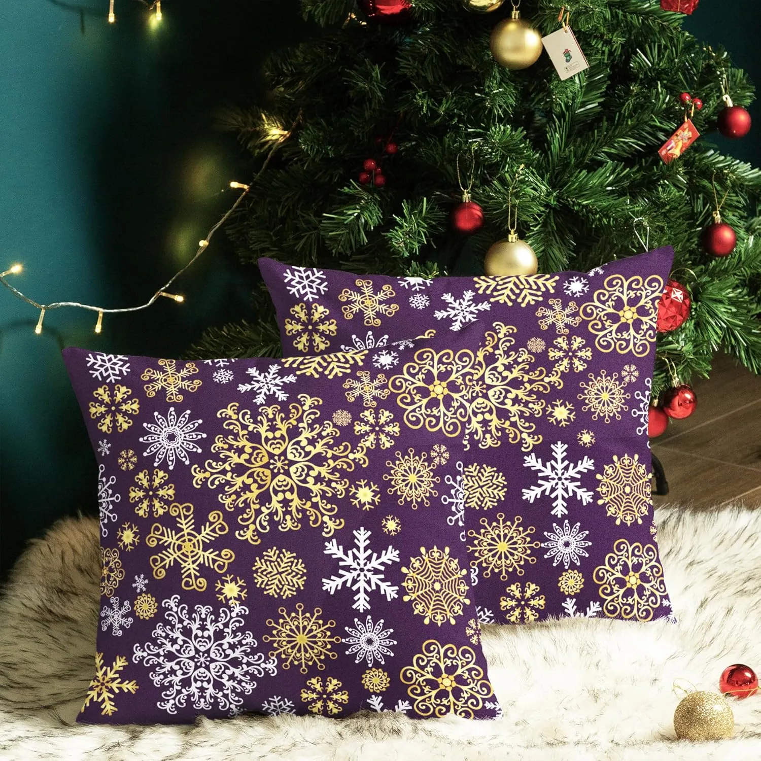 CaliTime Pack of 2 Christmas Cozy Fleece Snowflakes Both Sides Throw Pillow Cases Cushion Covers for Couch Bed Sofa 20 X 20 Inches Deep Purple