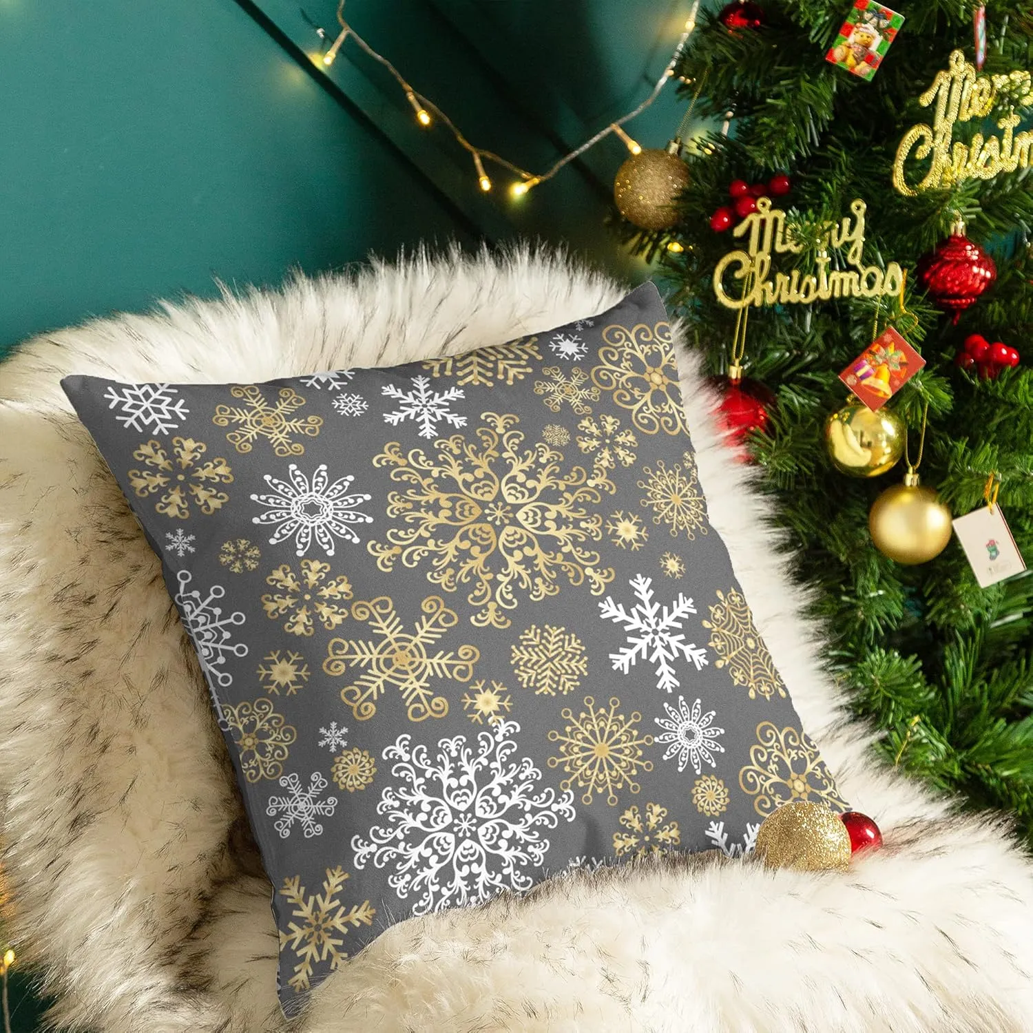 CaliTime Pack of 2 Christmas Cozy Fleece Snowflakes Both Sides Throw Pillow Cases Cushion Covers for Couch Bed Sofa 20 X 20 Inches Medium Grey