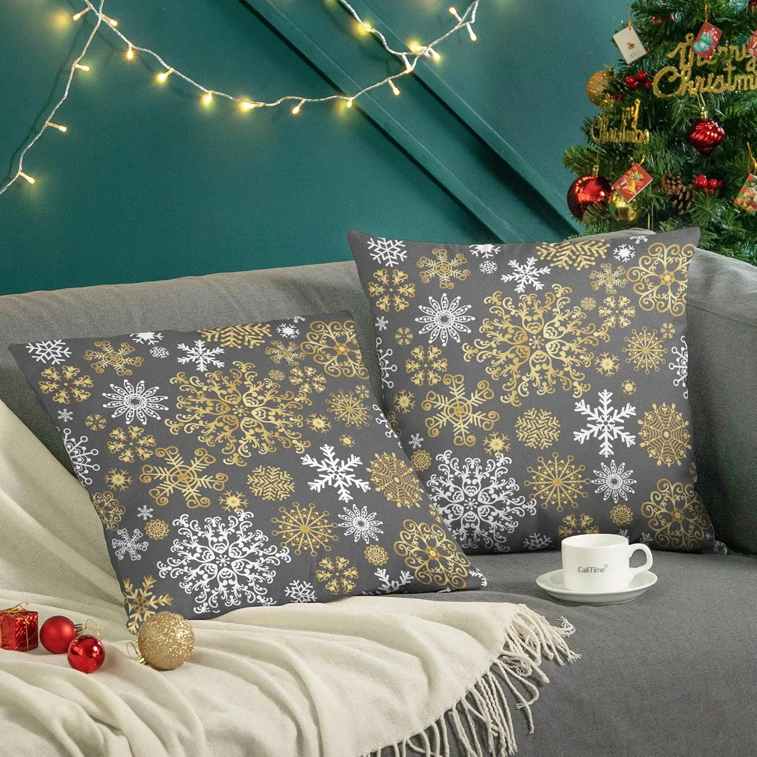 CaliTime Pack of 2 Christmas Cozy Fleece Snowflakes Both Sides Throw Pillow Cases Cushion Covers for Couch Bed Sofa 20 X 20 Inches Medium Grey