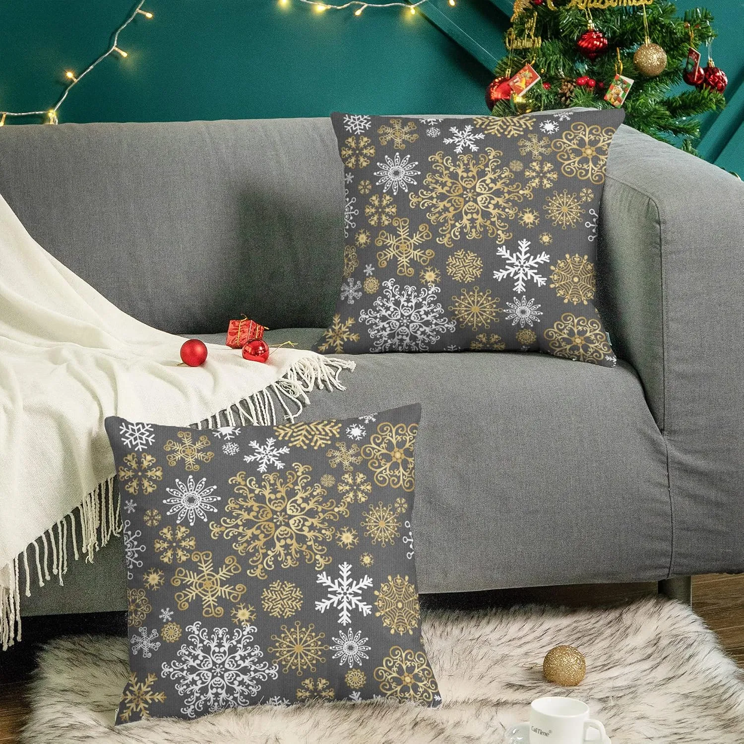 CaliTime Pack of 2 Christmas Cozy Fleece Snowflakes Both Sides Throw Pillow Cases Cushion Covers for Couch Bed Sofa 20 X 20 Inches Medium Grey
