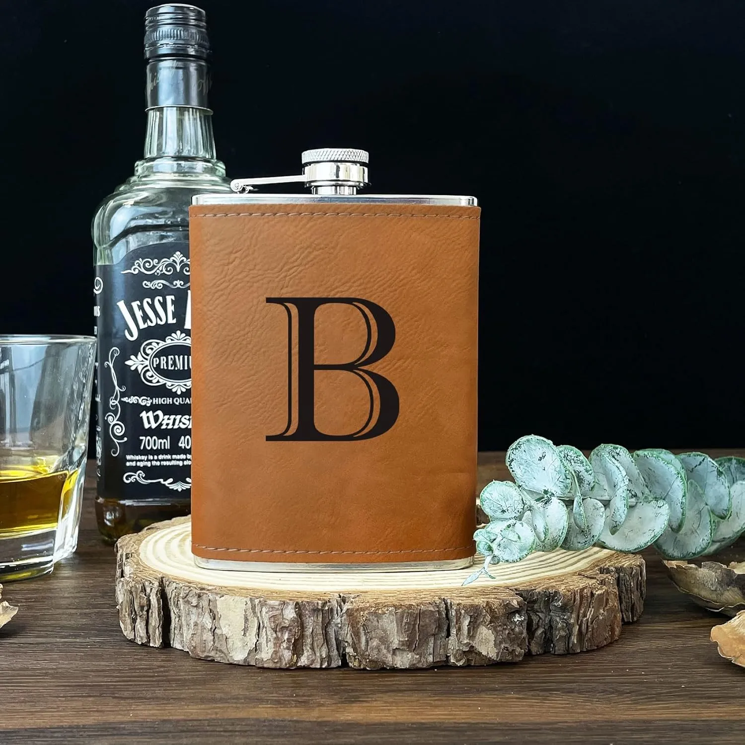 CARAKNOTS Hip Flasks for Liquor for Men Leather Drinking Whiskey Flask with Initials Engraved Stainless Steel with Funnel 8 oz Groomsmen Gifts Personalized Christmas Birthday Gifts for Dad Letter B