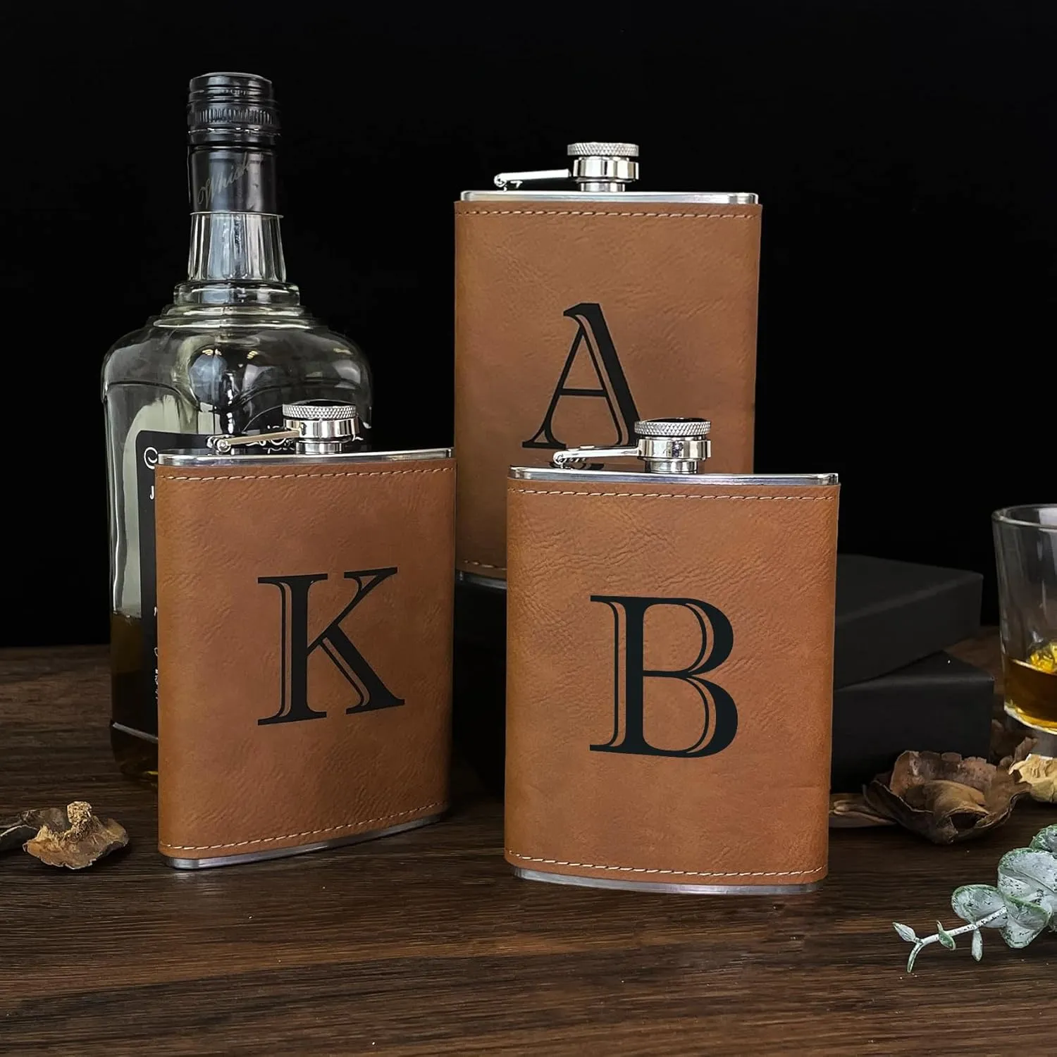 CARAKNOTS Hip Flasks for Liquor for Men Leather Drinking Whiskey Flask with Initials Engraved Stainless Steel with Funnel 8 oz Groomsmen Gifts Personalized Christmas Birthday Gifts for Dad Letter B