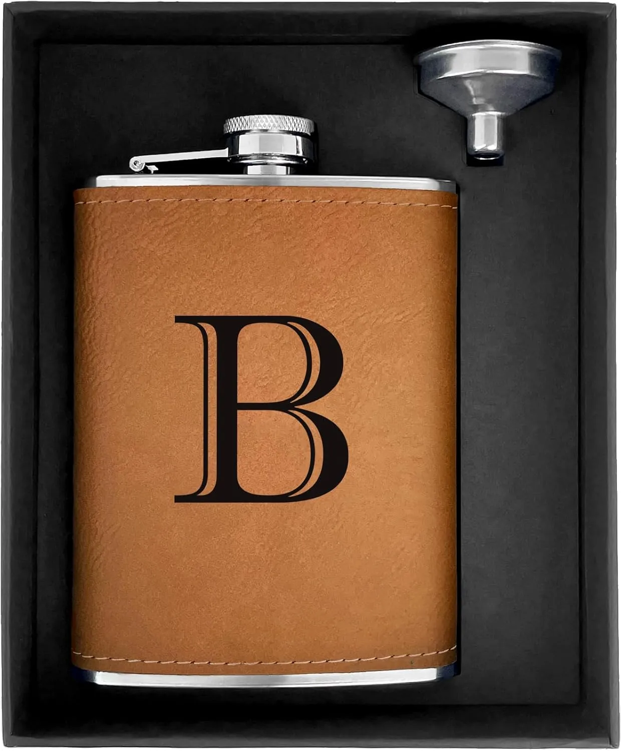 CARAKNOTS Hip Flasks for Liquor for Men Leather Drinking Whiskey Flask with Initials Engraved Stainless Steel with Funnel 8 oz Groomsmen Gifts Personalized Christmas Birthday Gifts for Dad Letter B