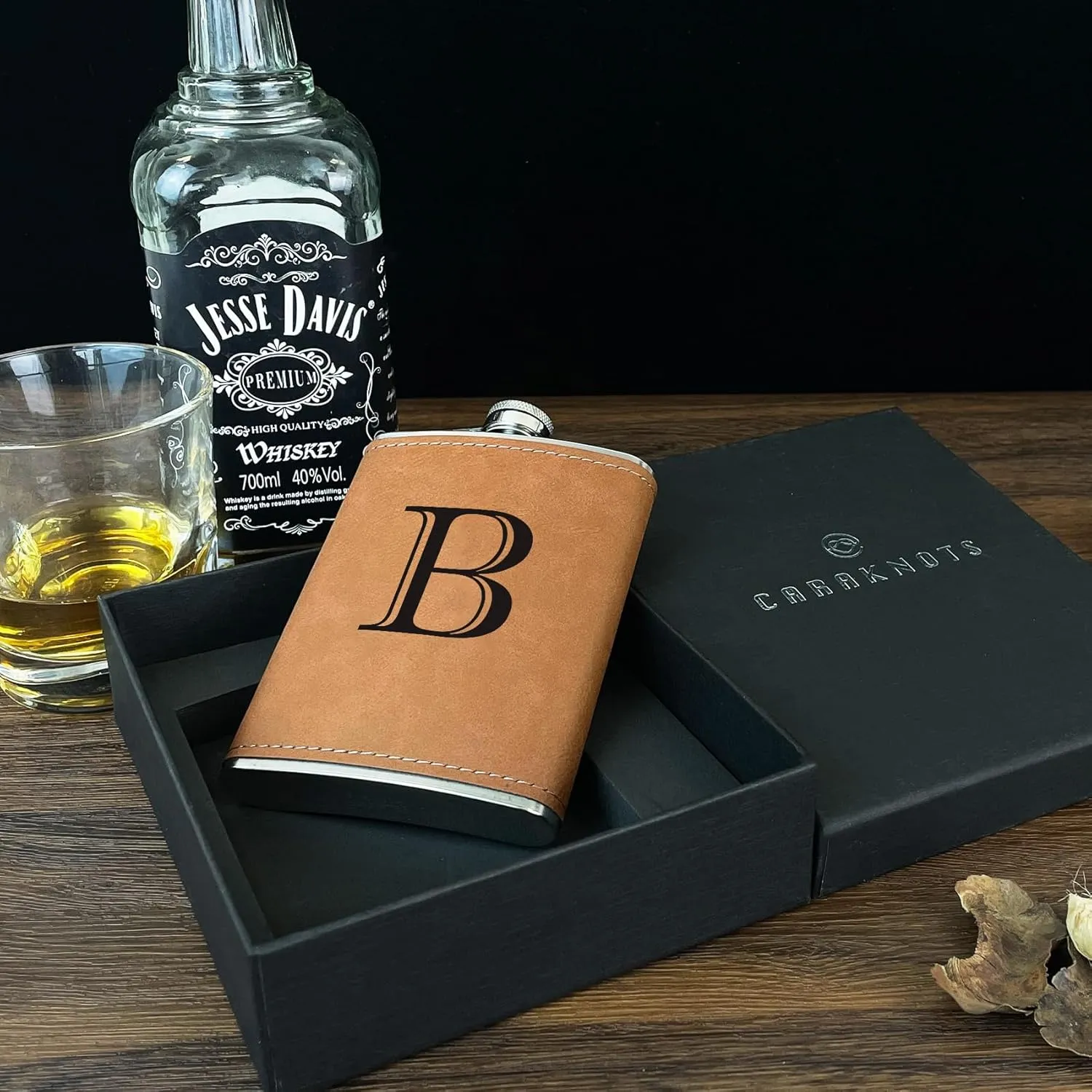 CARAKNOTS Hip Flasks for Liquor for Men Leather Drinking Whiskey Flask with Initials Engraved Stainless Steel with Funnel 8 oz Groomsmen Gifts Personalized Christmas Birthday Gifts for Dad Letter B