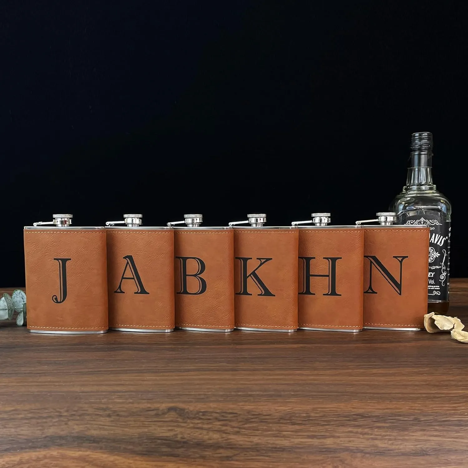 CARAKNOTS Hip Flasks for Liquor for Men Leather Drinking Whiskey Flask with Initials Engraved Stainless Steel with Funnel 8 oz Groomsmen Gifts Personalized Christmas Birthday Gifts for Dad Letter B