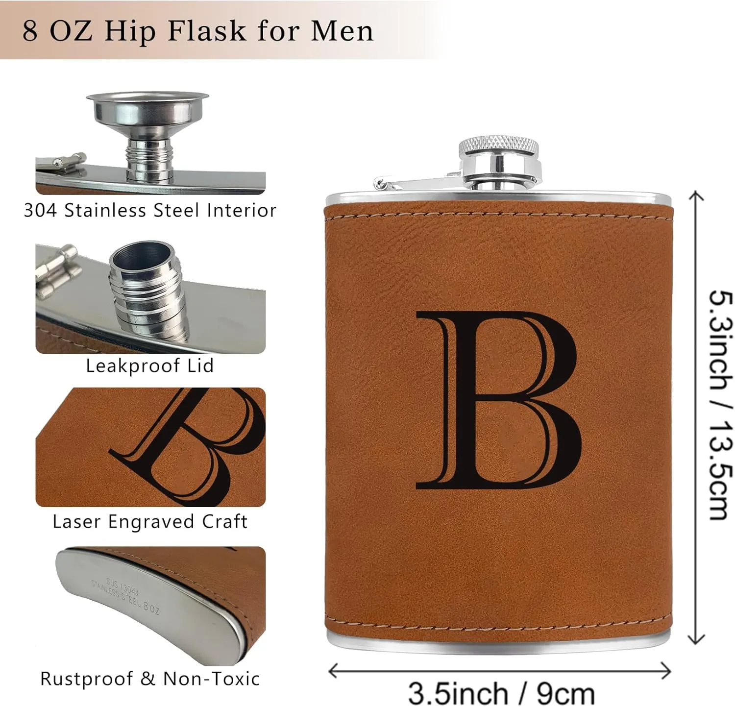 CARAKNOTS Hip Flasks for Liquor for Men Leather Drinking Whiskey Flask with Initials Engraved Stainless Steel with Funnel 8 oz Groomsmen Gifts Personalized Christmas Birthday Gifts for Dad Letter B