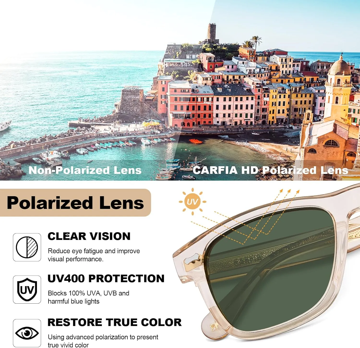 CARFIA Retro Acetate Polarized Sunglasses for Men UV Protection with Embossed Pattern Wire Core CA2301