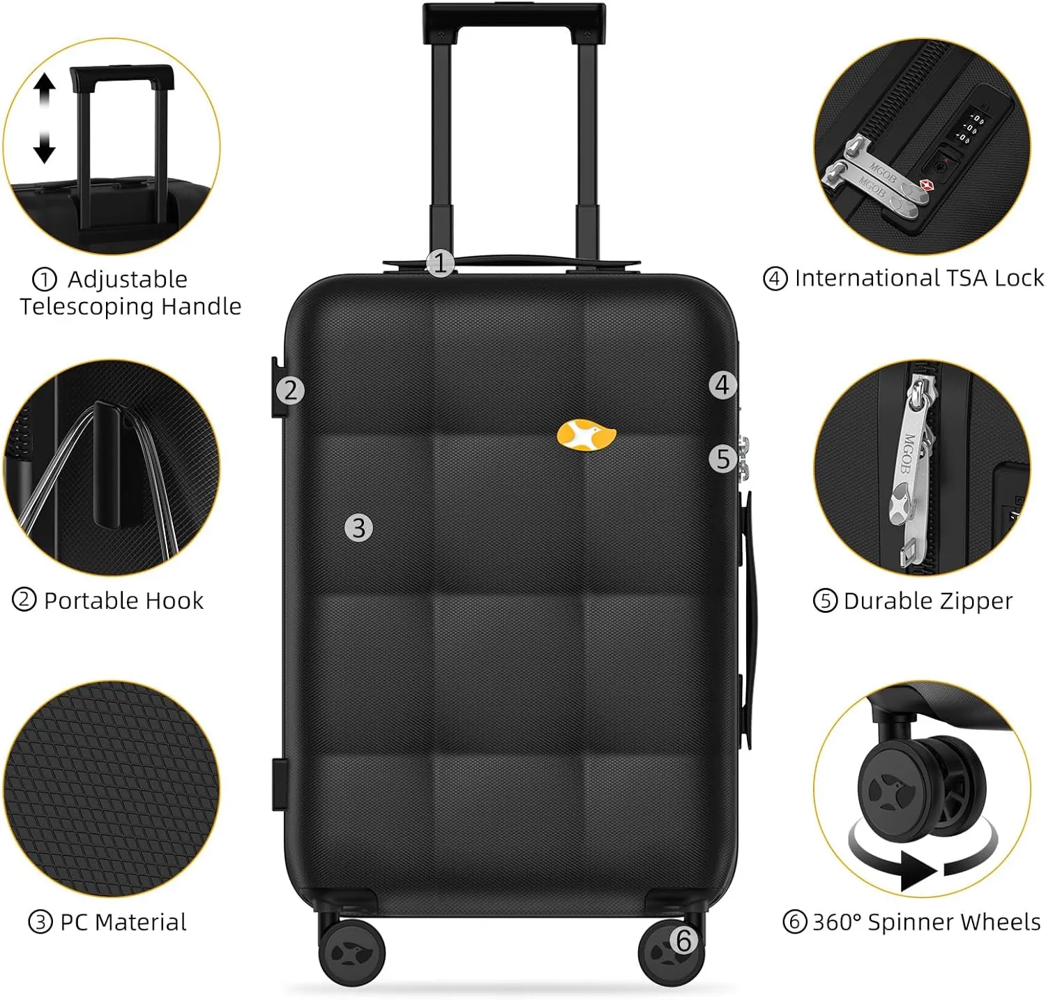 Carry On Luggage 22x14x9 Airline Approved | 20" Durable Polycarbonate Hard Shell Suitcase with TSA Lock & 360° Spinner Wheels (Black)