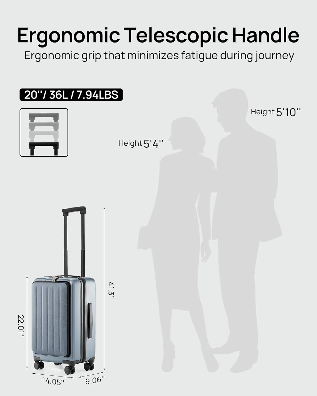 Carry on Luggage 22X14X9 Airline Approved with Front Pocket, 20 Inch Luggage with Front Laptop Compartment, Expandable, Double Spinner Wheels, Hardsided PC, TSA Lock (Shadow, Seine)