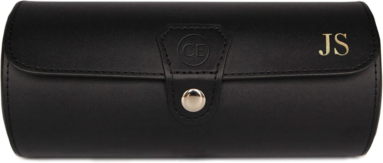 CASE ELEGANCE Monogrammed Vegan Leather Travel Watch Case Roll Organizer Classic Black