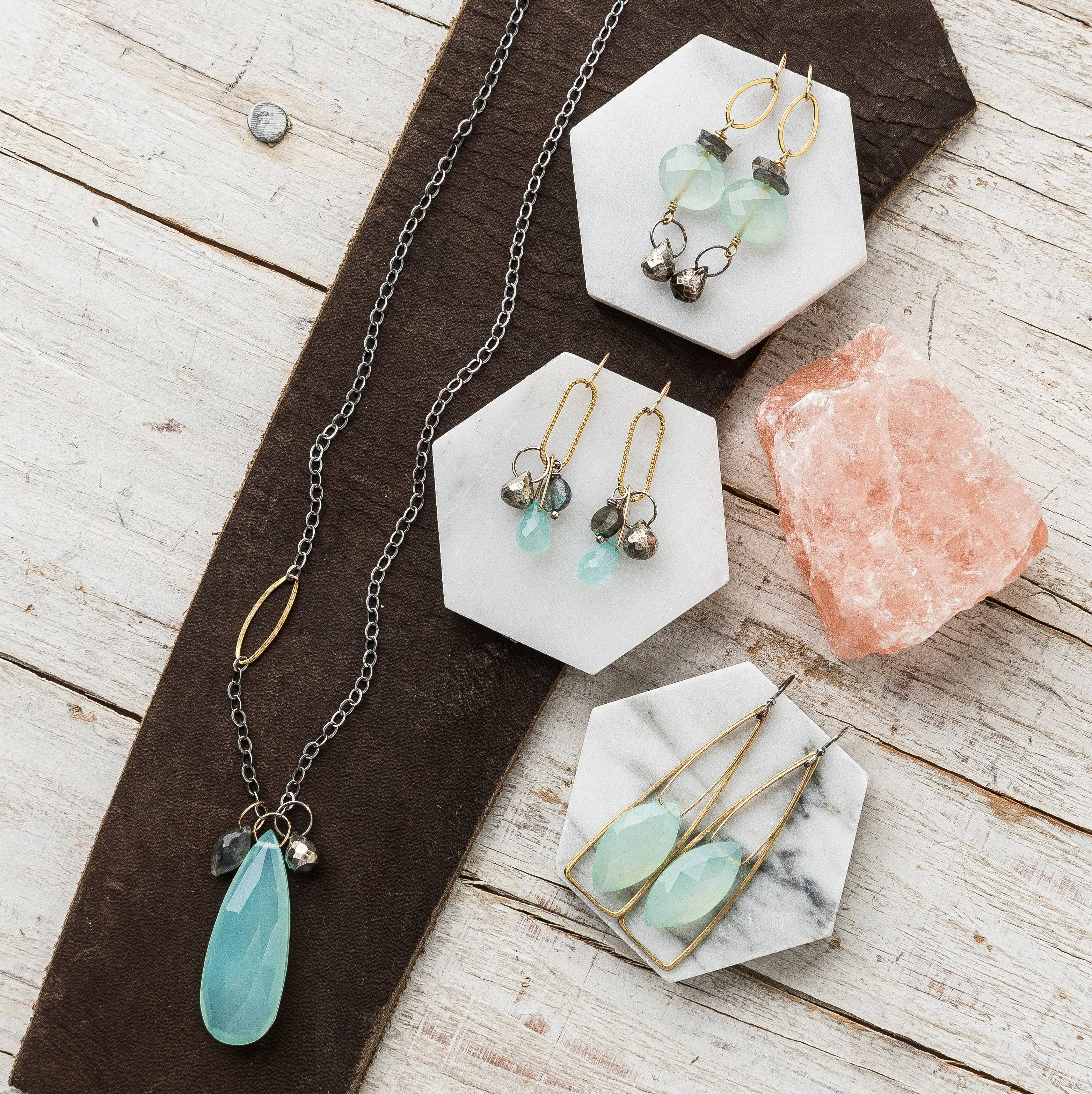 Chalcedony, Sterling Silver and 14K Gold Fill Accent Long Drop Cluster Necklace