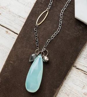 Chalcedony, Sterling Silver and 14K Gold Fill Accent Long Drop Cluster Necklace