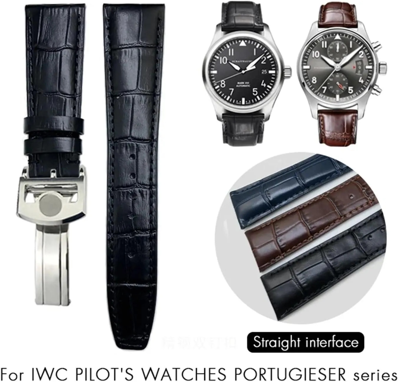 Classic Alligator Texture Leather Watchband 20mm 21mm 22mm Fit for IWC Pilot Series IW500107 IW371604 IW500710 PORTUGIESER Strap