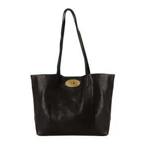 Classic Leather Tote Bag with Gold-Tone Hardware, Large Capacity Shopping Handbag, Black and Brown (Black)