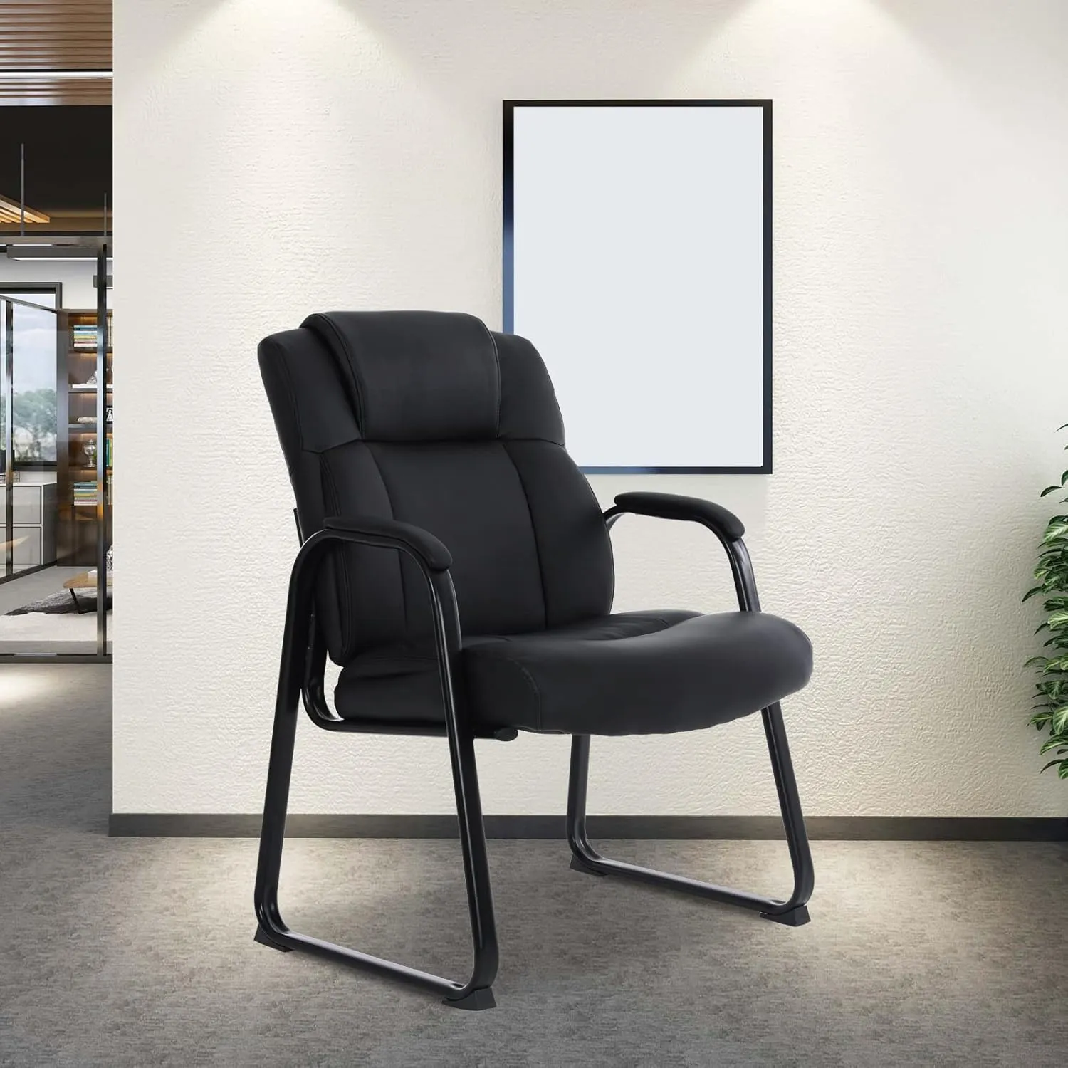 CLATINA Big Tall 500 LBS Wide Guest Chair Heavy Duty, Leather Side Reception Chairs with Sled Base and Armrest, Executive Office Desk Chair No Wheels for Meeting Conference Waiting Room Home, Black