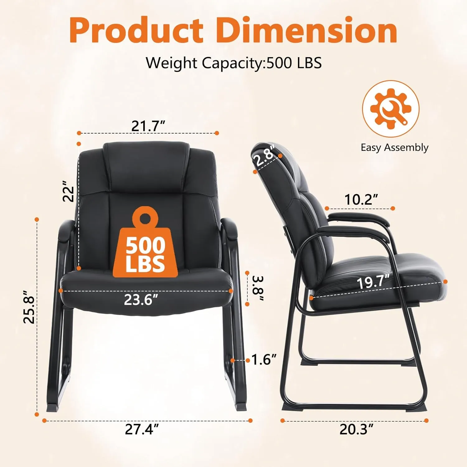 CLATINA Big Tall 500 LBS Wide Guest Chair Heavy Duty, Leather Side Reception Chairs with Sled Base and Armrest, Executive Office Desk Chair No Wheels for Meeting Conference Waiting Room Home, Black