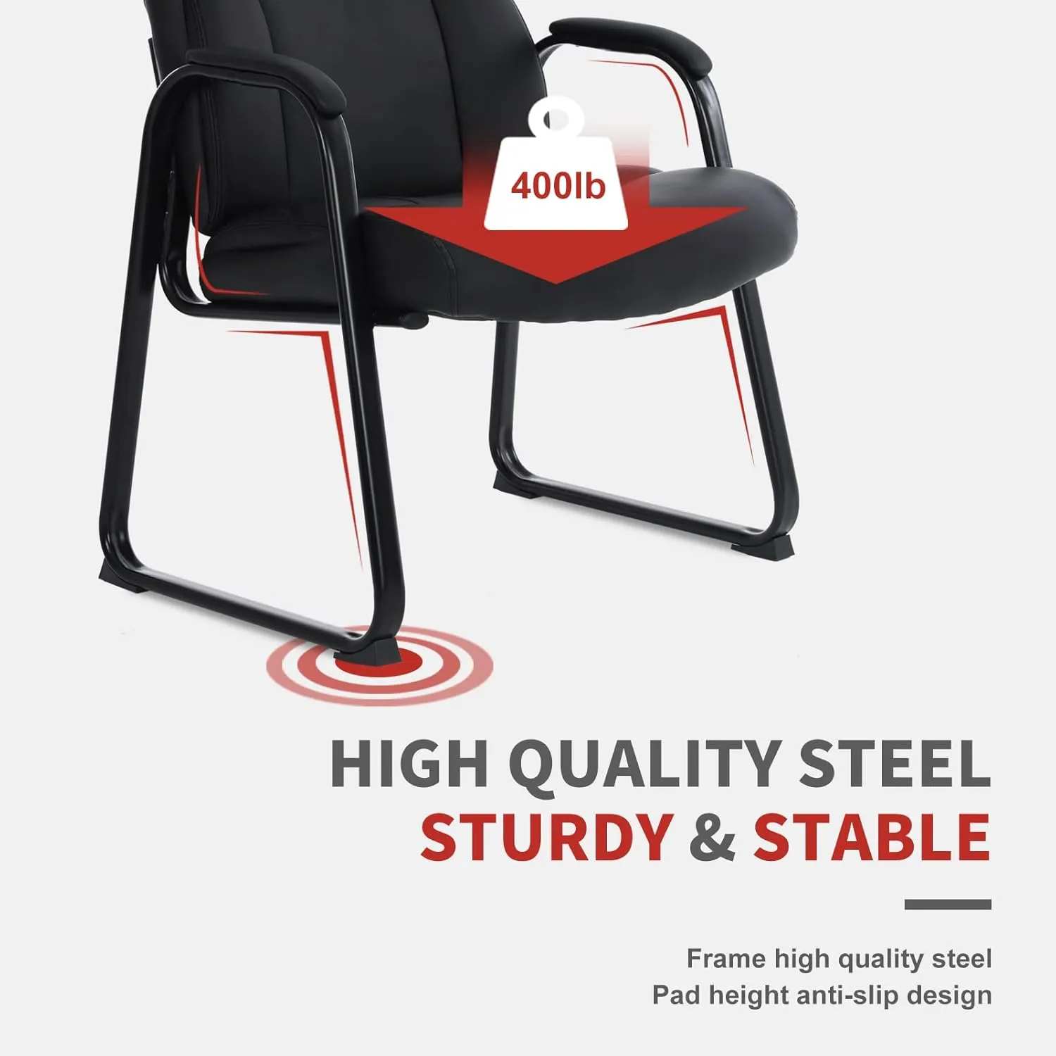 CLATINA Big Tall 500 LBS Wide Guest Chair Heavy Duty, Leather Side Reception Chairs with Sled Base and Armrest, Executive Office Desk Chair No Wheels for Meeting Conference Waiting Room Home, Black