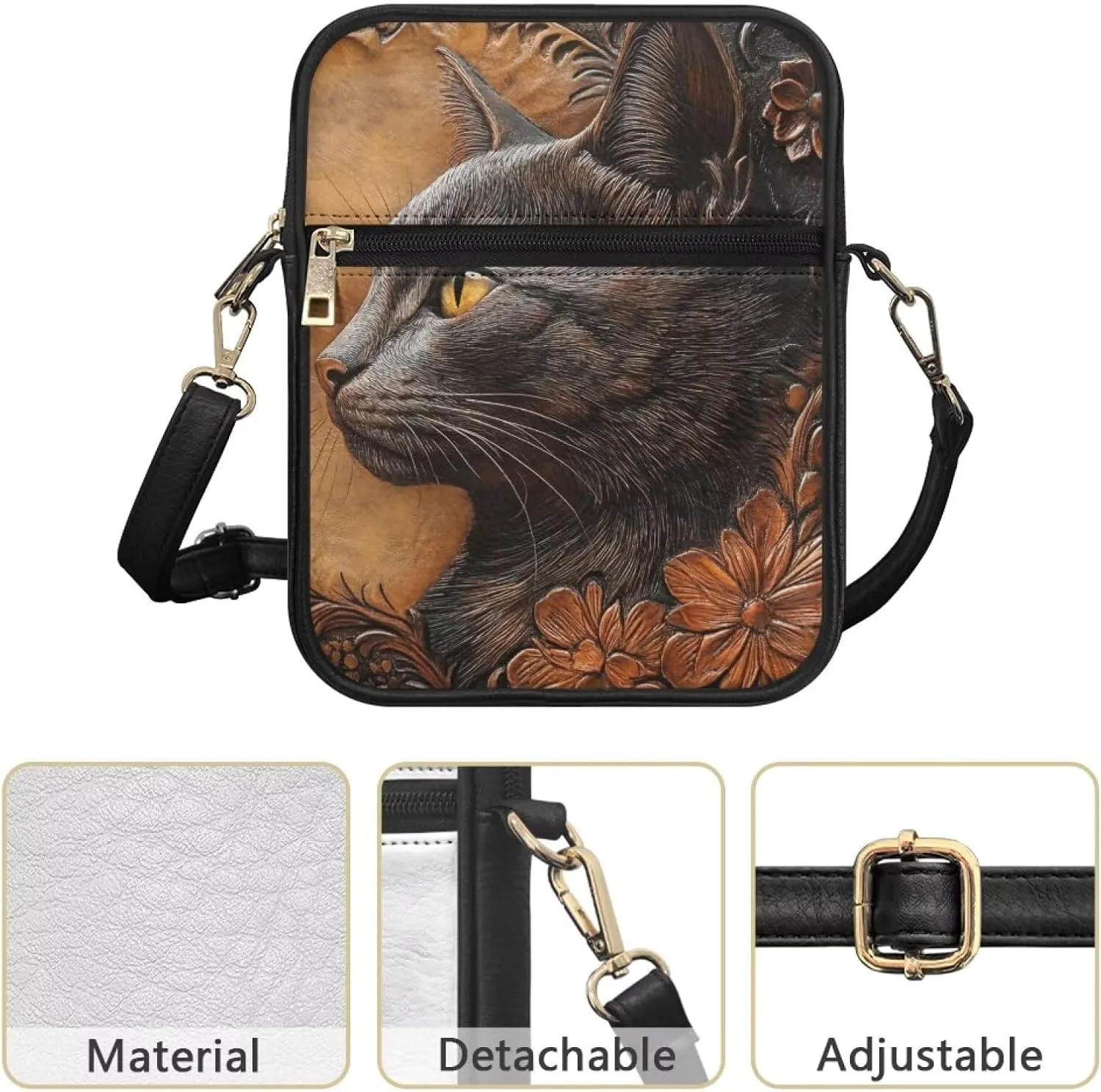 COEQINE Brown Messenger Bag for Women Cute Printed Leather Crossbody Bag Work Bag Vintage Multi-function