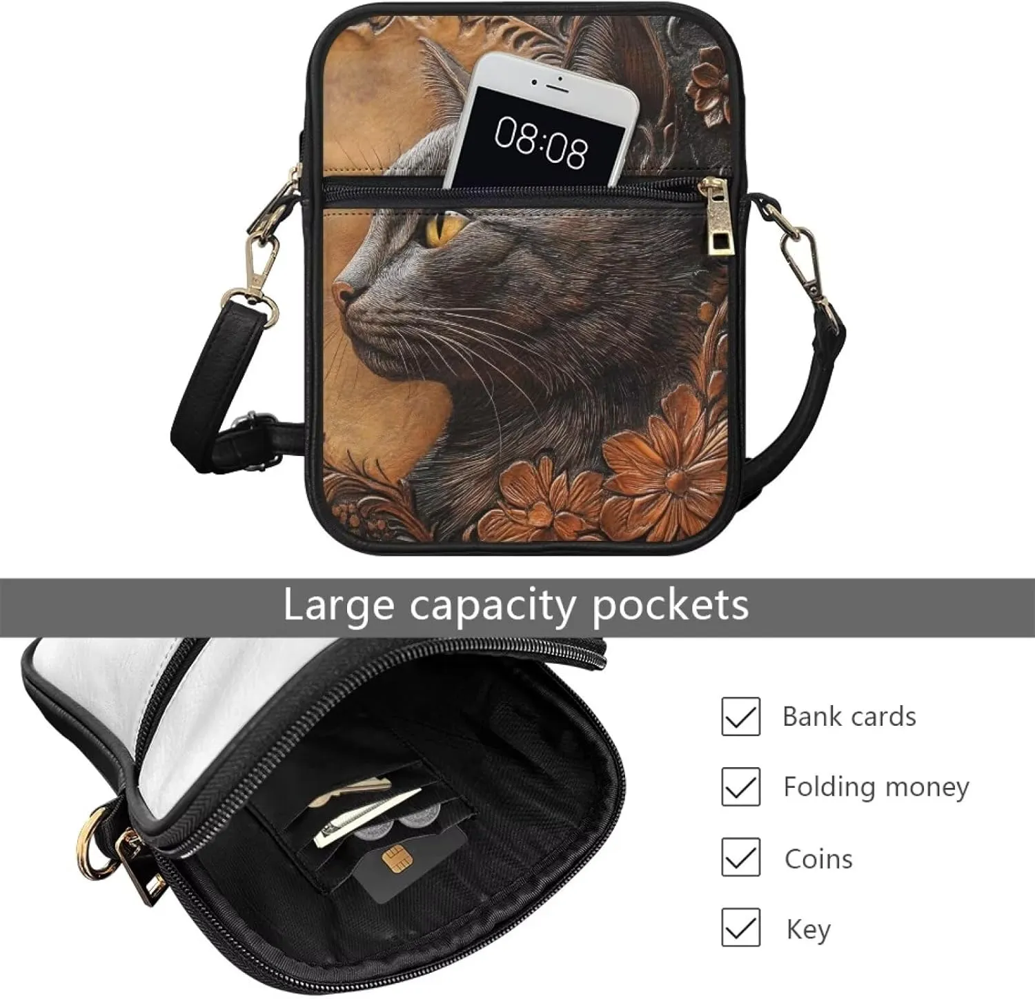 COEQINE Brown Messenger Bag for Women Cute Printed Leather Crossbody Bag Work Bag Vintage Multi-function