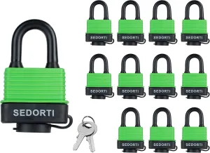 Colored Waterproof Padlocks, Heavy Duty Laminated Steel Lock with Green Plastic Covered, Keyed Alike Outdoor Locks, Can Be Used as Lockout Tagout Lock, Pack of 12