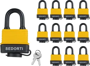 Colored Waterproof Padlocks, Heavy Duty Laminated Steel Lock with Yellow Plastic Covered, Keyed Alike Outdoor Locks, Can Be Used as Lockout Tagout Lock, Pack of 12