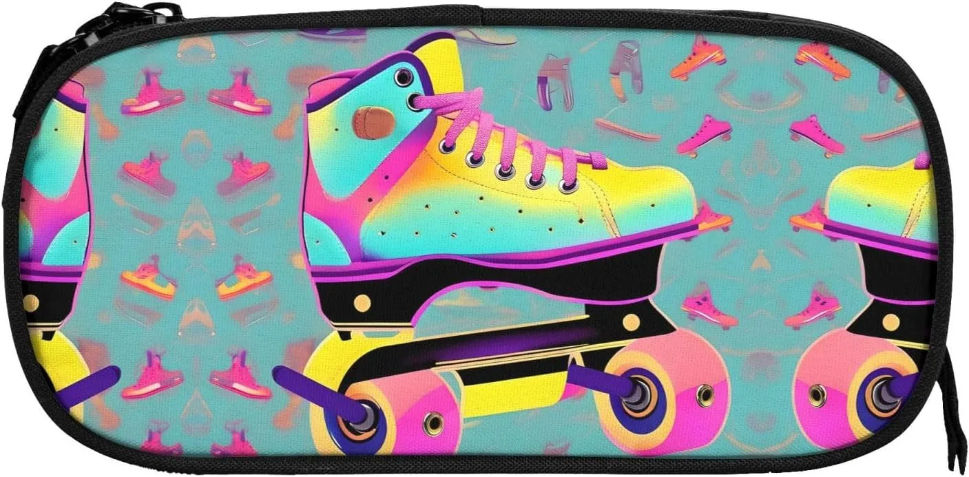 Colorful Roller Skates Print Pencil Cases Pen Box Stationery Makeup Bag, Desk Organizer For College Adults Women Men