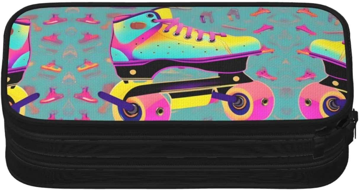 Colorful Roller Skates Print Pencil Cases Pen Box Stationery Makeup Bag, Desk Organizer For College Adults Women Men