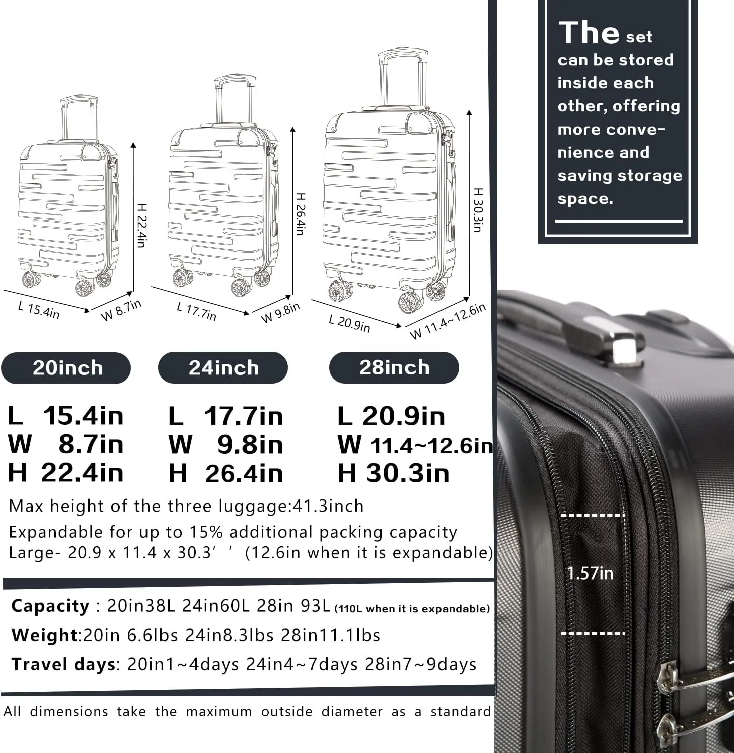 Coolife Luggage Expandable(only 28") Suitcase 3 Piece Set with TSA Lock Spinner 20in24in28in (purple)