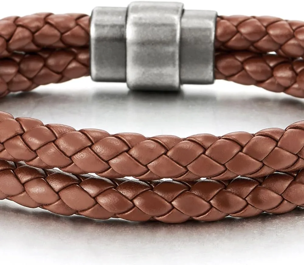 COOLSTEELANDBEYOND Braided Leather Bangle Bracelet for Men Women Genuine Leather Wristband with Magnetic Clasp