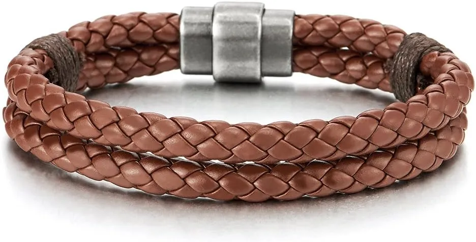 COOLSTEELANDBEYOND Braided Leather Bangle Bracelet for Men Women Genuine Leather Wristband with Magnetic Clasp